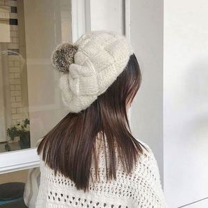Fashion Winter Custom Keep <b>Warm</b> Rabbit Fur Pom Cap Crochet Wool Painter Beret <b>Hats</b> for Women - Product Image 3