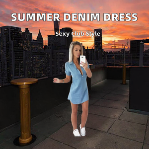 Robe chemise en jean pour femme, manches courtes, col rabattu, mini, couleur unie, respirante, décontractée, pour l'été - Product Image 2