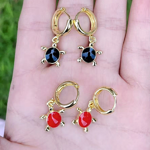Pendientes de aro rojos de fresa/<span class=keywords><strong>tortuga</strong></span> esmaltados en oro CZ Micro pavimentados cereza/Estrella/Corazón aros joyería al por mayor - Product Image 3