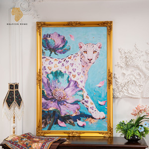 Dipinto a Olio di <span class=keywords><strong>Leopardo</strong></span> 80x120cm con Cornice in Legno Massiccio Dorato, Arte Murale Floreale e Animalier di Lusso per Soggiorno e Arredamento Casa - Product Image 1