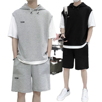 Conjunto de Camiseta para Hombre, Ropa Deportiva Casual para Exteriores, Estilo Veraniego Corto, Tejido Waffle Transpirable, Diseño de Parches 2 en 1, Holgado y Cómodo, 100%