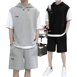 Ensemble de T-shirts pour hommes – Tenue décontractée de sport d'extérieur, style été court, tricot gaufré respirant, patchwork 2-en-1, ample et confortable - Product Image 1