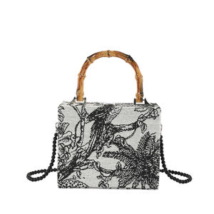 Tasarımcı moda kutusu el çantaları ahşap saplı jakarlı işlemeli çanta kadınlar için toptan - Product Image 1
