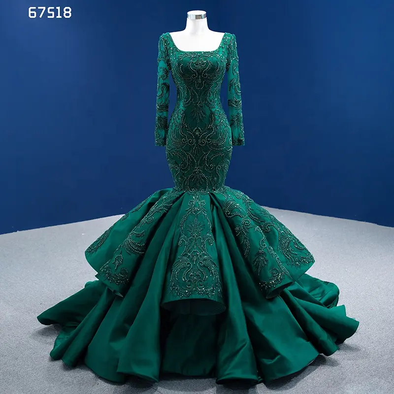 Rsm67518 New Custom Women Evening Dress Elegant Emerald Green Long Sleeve Slim Embroidered Mermaid Prom Dress