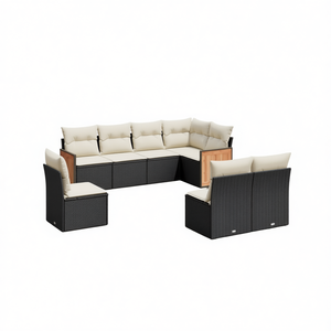 Ensemble de canapés de jardin en rotin noir avec coussins crème, 6 places, mobilier d'extérieur, design contemporain, structure en teck - Product Image 1
