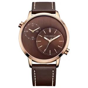 Mini Focus 0035 Special Brown Mens Quartz Watch 2023 Pu Leather Band 2 Dials Analog Display Character Leisure Watch Design