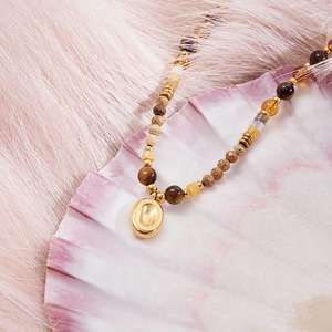 Tiger's Eye Natural Stone <b>Beaded</b> <b>Necklace</b> With Gold Pendant For Fashion Jewelry - Product Image 4