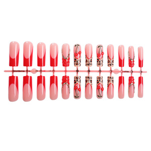<span class=keywords><strong>Faux</strong></span> ongles longs en forme de cercueil, style Baddie, motif cerise 3D, léopard rouge, réutilisables, à presser, avec strass - Product Image 5