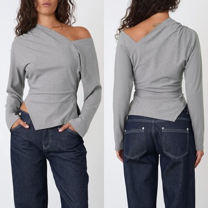 Haut à manches longues ajusté à une épaule, col asymétrique fendu, couleur unie, simple, décontracté, T-shirt - Product Image 1