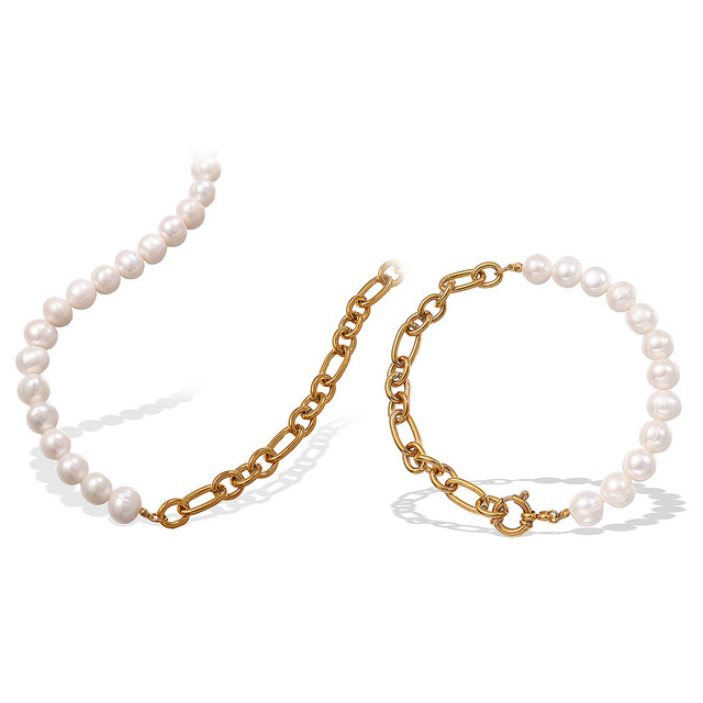MICCI Fashion Stainless Steel Waterproof Non Tarnish Jewelry Set Dainty Pearl Necklace 18K Gold