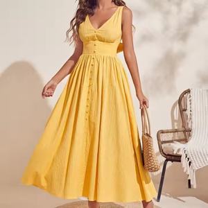 Vestido Casual Midi de Lino y Algodón Tejido para Mujer, Estilo Vintage 2025, Color Amarillo Claro, Cuello en V Profundo, Cintura Elástica - Product Image 1