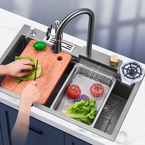 Handmade 304 thép không gỉ bồn rửa đơn Nano Fly-rain Thác nước phong cách với vòi vuông bát đơn nhà bếp món ăn bồn rửa - Product Image 3