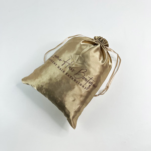 Pochette en satin champagne personnalisée avec cordon de serrage, logo imprimé, sac en satin de luxe avec cordon de serrage pour extensions de cheveux, bijoux, emballage cosmétique - Product Image 4