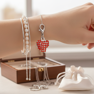 Ciondolo a forma di cuore di cristallo con strass rossi, tono argento, per la creazione di gioielli - Product Image 3