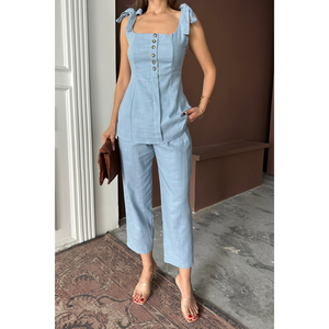 Conjunto de Blusa con Tirantes y Pantalones de Lino Shantuk Azul para Mujer, Talla S - Product Image 4