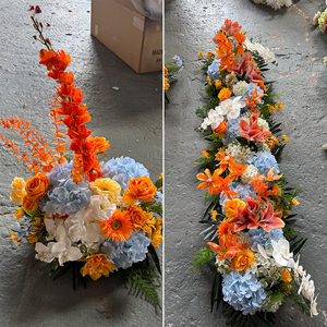 Luxurious Orange Blue Silk Faux Floral Arrangement Gladioli <b>Hydrangeas</b> Dahlias-Handmade Realistic Christmas Chinese New Year - Product Image 3