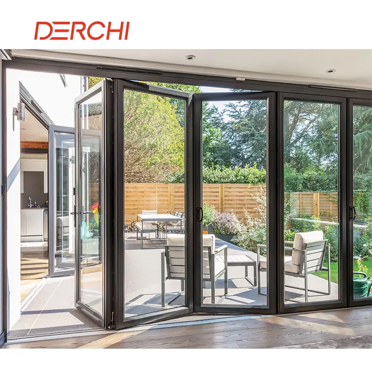 96x8 tijera patio sin marco puerta plegable doble vidrio templado negro apilamiento puerta del patio