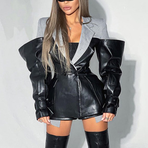<span class=keywords><strong>Blazer</strong></span> Oversize da <span class=keywords><strong>Donna</strong></span> in Stile Street Fashion con Patchwork in <span class=keywords><strong>Pelle</strong></span> a Contrasto e Design Irregolare - Product Image 1