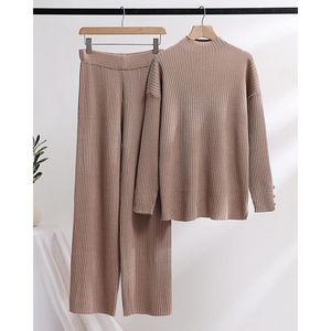 Conjunto de Suéter para Mujer FOXA, Tejido de Punto, Color Sólido, 2 Piezas, Top de Manga Larga, Pantalones de Cintura Alta, Ropa Casual de Otoño e Invierno - Product Image 6