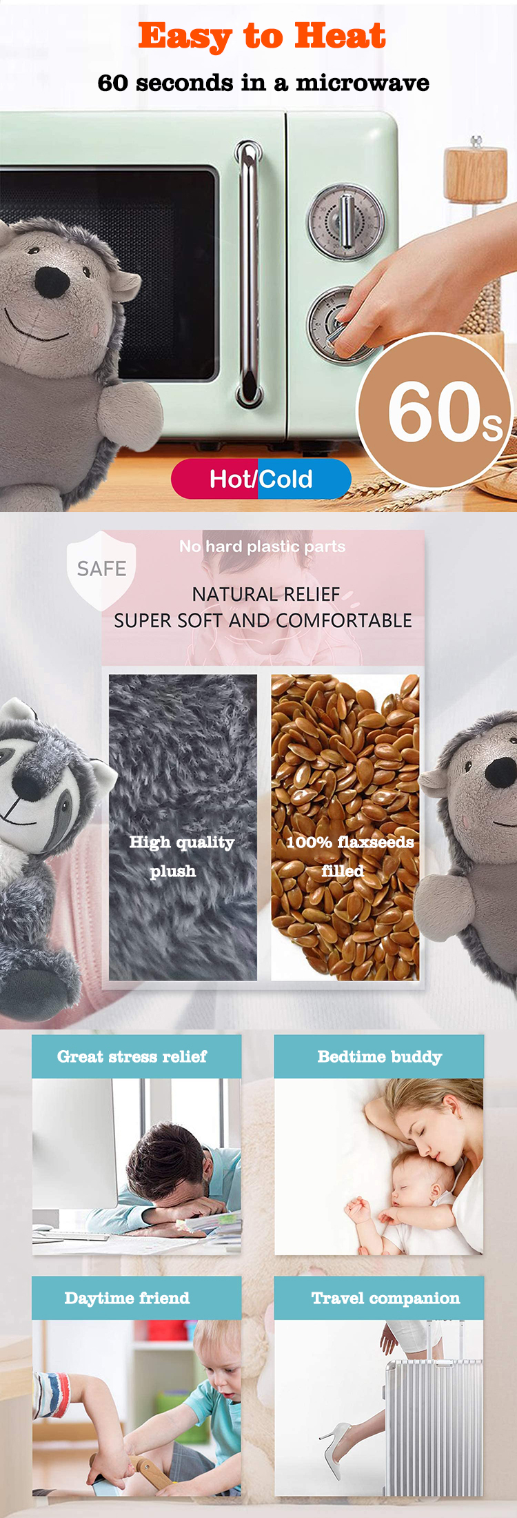 custom wholesale cute animal microwave warm hot packing bag menstruation heating pad for neck and shoulders