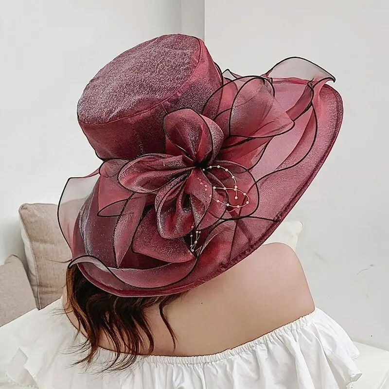 Kadın geniş Brim Derby Hat yaz nefes disket güneş şapkası çay partisi çiçek düğün kilise şapka