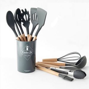Ustensiles de cuisine en bois, supports pour ustensiles en silicone avec tapis anti-goutte, ensemble d'ustensiles en bois pour la cuisine - Product Image 6
