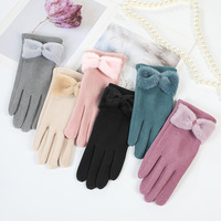Gants doublés en polaire pour femmes, avec nœud en peluche, compatibles écran tactile, couleur unie, doux et chauds, pour l'hiver, le cyclisme en extérieur, résistants au froid, mitaines tendance