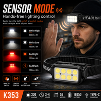 Linterna frontal LED COB con sensor K353, diadema ajustable, recargable por USB, luz roja, IPX4, para camping, senderismo, trabajo, suministro de fábrica OEM
