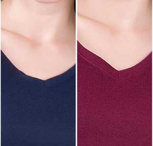 เสื้อยืดแขนสั้นคอวีผ้าเจอร์ซีย์สีพื้นสำหรับผู้หญิง ทรงเข้ารูป สีกรมท่าและสีแดงเบอร์กันดี ผ้าฝ้าย 100% กันยับ สำหรับฤดูหนาว - Product Image 2