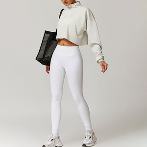 2025 Winter Half Zip Long Sleeve Casual Cropped Sports <strong>Jumper</strong> and High Waist Ribbed Yoga <strong>Leggings</strong> Nylon 2PCS Women's Active <strong>Wear</strong> - Product Image 6