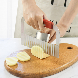 French Fries Cutting Knife Manual Wood Handle Stainless Steel Wavy Crinkle Potato Slicer with Handguard Dishwasher Safe - Product Image 1