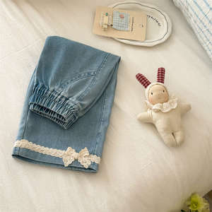 TongXingYuan Girls Jeans Sky Blue Cotton <b>Elastic</b> Waist <b>Lace</b> Trim Summer Casual Pants Children's Wear - Product Image 3