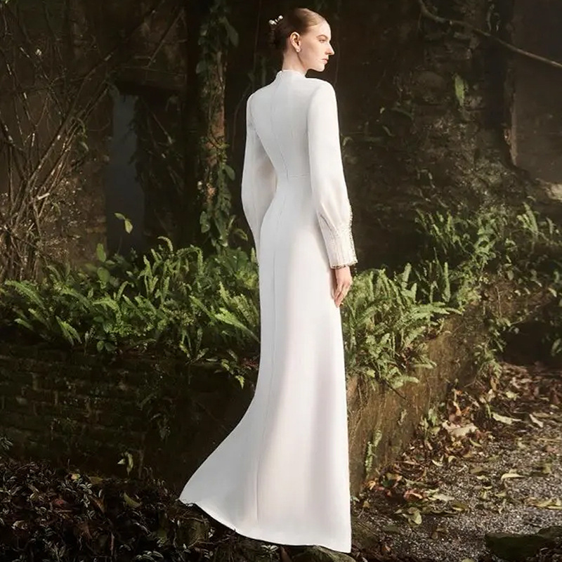 elegant white formal dresses with sleeves A-Line Long Sleeve Tea Length Wedding Diamond / 0 Size medium measures 62.75 from shoulder to hem Embellished Long A-Line Formal Dress