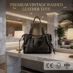 Sac fourre-tout en cuir PU vieilli personnalisé grande capacité pour femme – Sac à bandoulière rétro multi-poches pour usage quotidien – Effet délavé - Product Image 1