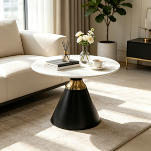 Table d'appoint ronde de luxe, plateau en pierre frittée blanche, base conique noire, table de salon, table d'appoint d'hôtel - Product Image 1