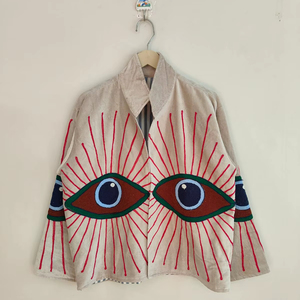 เสื้อแจ็คเก็ตบอมเบอร์ผ้ากำมะหยี่ปักลายตาปีศาจ-ซูซานี แขนสั้นแบบกลับด้านได้ ระบายอากาศได้ดี เป็นมิตรกับสิ่งแวดล้อม เหมาะเป็นของขวัญ - Product Image 1