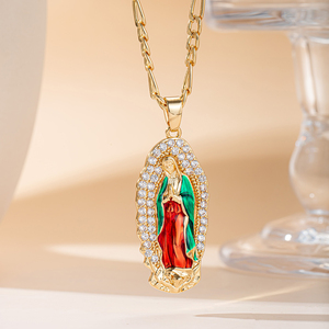 Elegante Collar <span class=keywords><strong>de</strong></span> <span class=keywords><strong>la</strong></span> <span class=keywords><strong>Virgen</strong></span> <span class=keywords><strong>de</strong></span> Guadalupe, Colgante Religioso con Cadena Figaro Esmaltada, Tono <span class=keywords><strong>Oro</strong></span>/Plata, Borde <span class=keywords><strong>de</strong></span> Circonitas, Joyería para Mujer, Regalo - Product Image 3