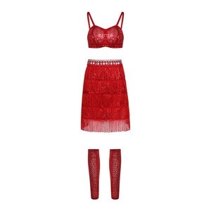 Conjunto de Disfraz de Danza con Falda y Top con Lentejuelas Rojas y Flecos para Mujer, para Actuaciones en Escenario - Product Image 1