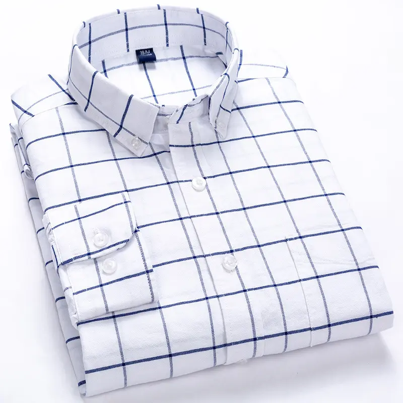 Camisa xadrez casual masculina, camisa casual de manga longa oxford, com bolso no peito, botão para baixo, camisas masculinas, atacado, 2021