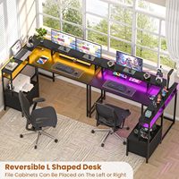 Bureau d'angle moderne en forme de L pour jeux et usage commercial avec éclairage LED, prises de courant, grande étagère d'angle pour imprimante et tiroir de rangement