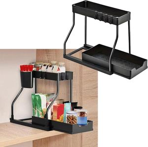 2 Pezzi Organizzatore Sottolavello Moderno a 2 Livelli Nero, Scaffale Scorrevole in Plastica per Organizzazione <span class=keywords><strong>Detersivi</strong></span> Cucina e Bagno - Product Image 3