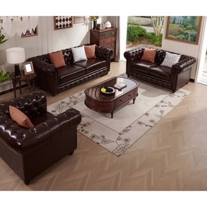 Sang Trọng Cổ Điển Chính Hãng <span class=keywords><strong>Sofa</strong></span> Da Thoải Mái Và Bền Rắn Gỗ Đồ Nội Thất Phòng Khách - Product Image 2