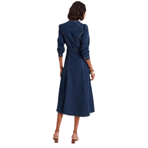 Robes décontractées en jean pour femmes, personnalisables en usine, bleu campagnard, à manches longues, longueur ras du sol, lavage enzymatique, méthode <span class=keywords><strong>de</strong></span> tissage. - Product Image 2