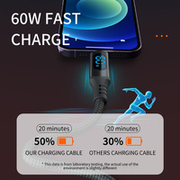 Câble USB C tressé personnalisé OEM 1,2 m 2 m de longueur 60 W avec affichage numérique LED 3A Type C vers C PD Câble de charge rapide pour téléphone portable
