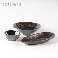 Ensemble de vaisselle en céramique de style japonais Wabi-sabi, assiettes et bols, pour l'hôtellerie, durable, peint à la main, bronze, vaisselle écologique, portable