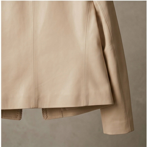 Cappotto da Donna in Morbida <span class=keywords><strong>Pelle</strong></span> di Agnello di Prima Qualità, <span class=keywords><strong>Beige</strong></span> Crema, Collo Rotondo, Bordatura Intrecciata a Mano, <span class=keywords><strong>Giacca</strong></span> in <span class=keywords><strong>Pelle</strong></span> Minimalista da Ufficio - Product Image 5