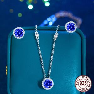 Collana pendente 925 in argento Sterling orecchini a bottone in pietra Tanzanite sintetica blu Set di gioielli da donna per gioielli di san valentino - Product Image 3