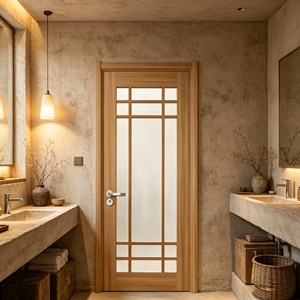 Puerta Interior de Madera Maciza con Vidrio Esmerilado Impermeable, Puerta Batiente Manual de Estilo Japonés Moderno para Baño y Cocina - Product Image 2