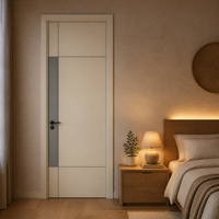 Porte intérieure en bois moderne avec panneau géométrique asymétrique, design peint, pour chambre à coucher, avec poignée noire mate