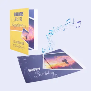 Cmyk印刷黄色の歌音楽誕生日グリーティングカードled音楽サウンドチップサウンド招待カード